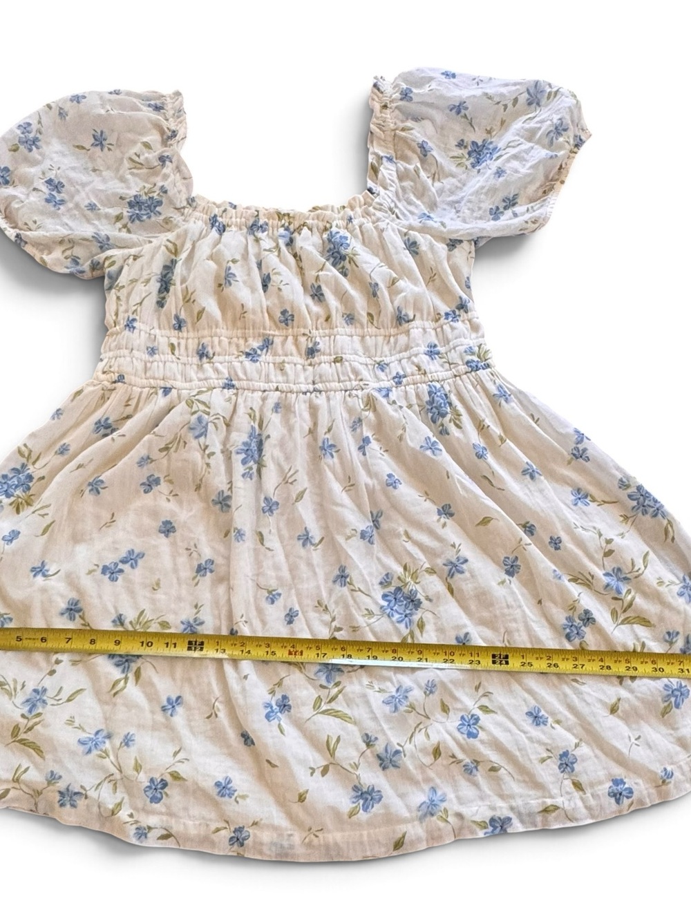 Cream Floral Puff-Sleeve BoHo flowery cottage core Dress with Blue Flowers - Picture 7 of 10